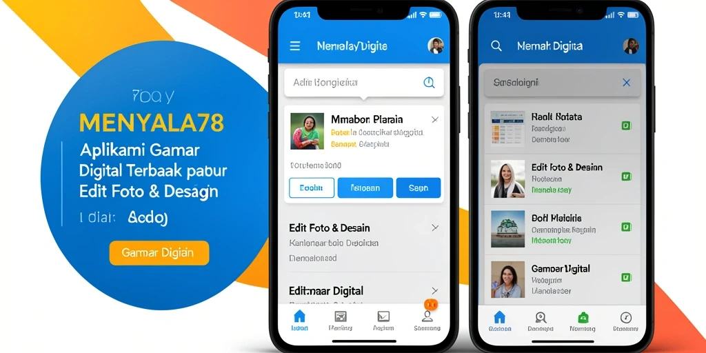 Antarmuka menarik aplikasi MENYALA78 untuk edit foto dan desain.