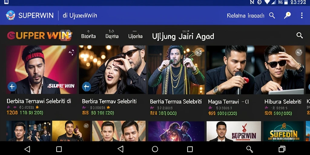 Screenshot utama SUPERWIN menunjukkan antarmuka berita selebriti yang menarik.